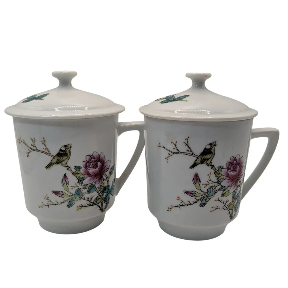 Vintage Chinese Footed Teacup Lidded Asian Rose Floral Bird‎ Set of Two SEE